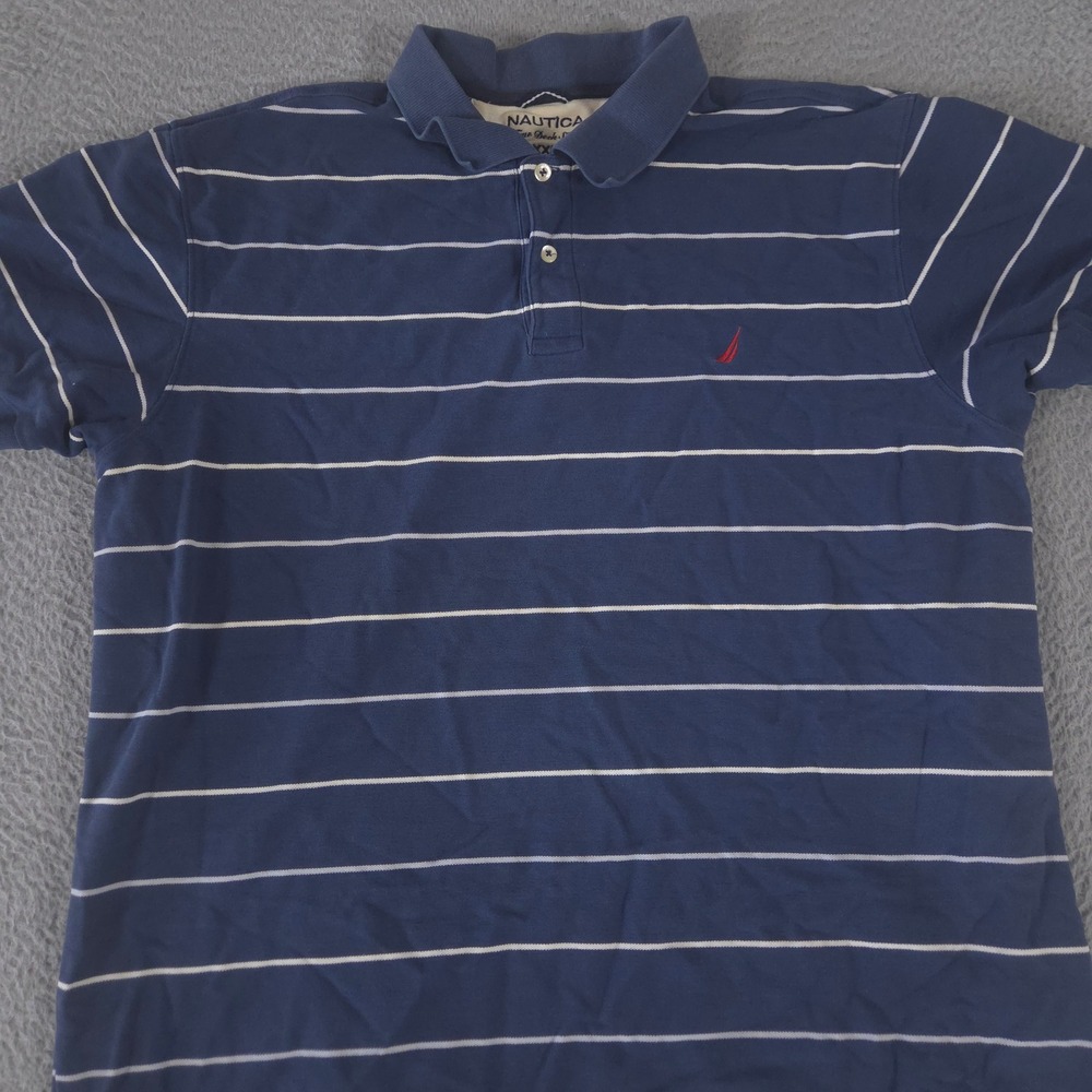 Nautica Polo Shirt Mens XXL Blue True Deck Shirt Cotton Striped Short‎ Sleeve